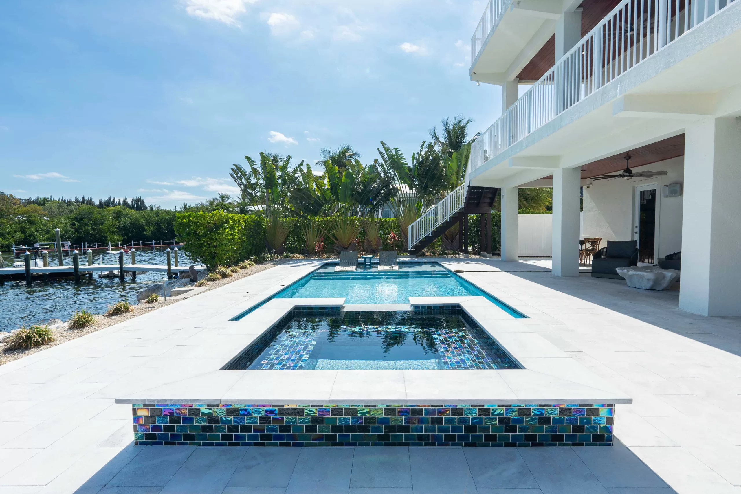 Pool and spa with waterfront dock, KMS real estate listing photography